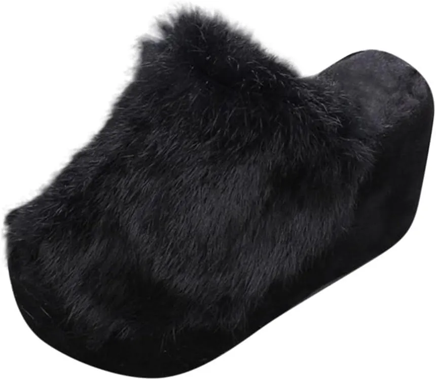 Women's Platforms Wedges Open Toe Slippers Comfy Faux Fur House Slipper Scuff Memory Foam Slip on Anti-Skid Sole