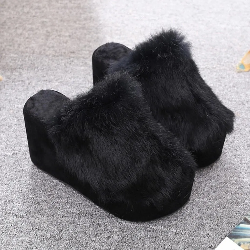 Women's Platforms Wedges Open Toe Slippers Comfy Faux Fur House Slipper Scuff Memory Foam Slip on Anti-Skid Sole