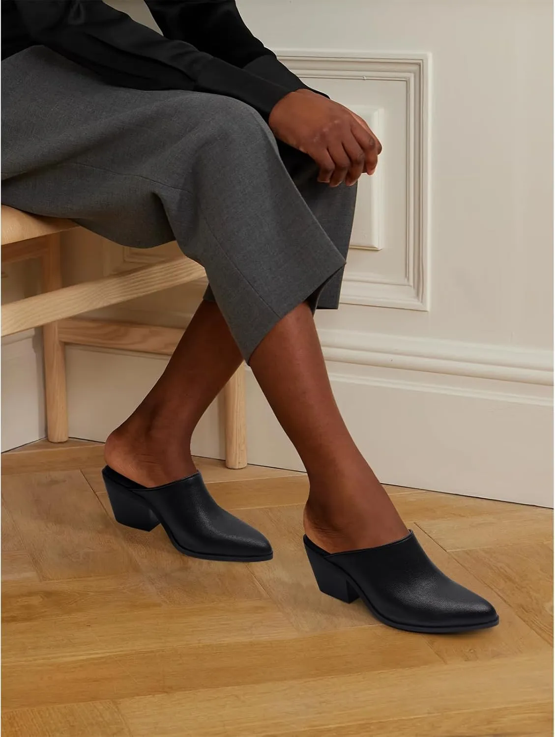 Women's Pumps Closed Pointed Toe Block Heel Mule Woven Leather Chunky Stacked Heeled Slip On Slippers Casual Comfortable Shoes