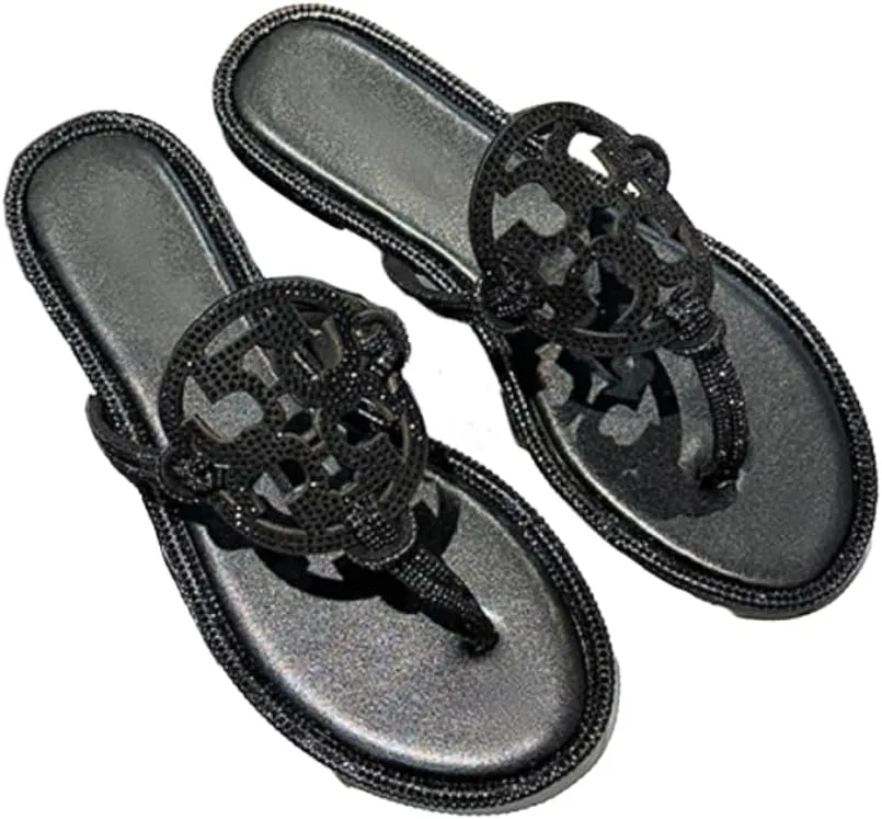 Women's Rhinestone Flip Flops Round Toe Slip-On Summer Vacation Beach Sandals Slippers Women's Flat Slide Sandal