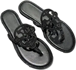 Women's Rhinestone Flip Flops Round Toe Slip-On Summer Vacation Beach Sandals Slippers Women's Flat Slide Sandal