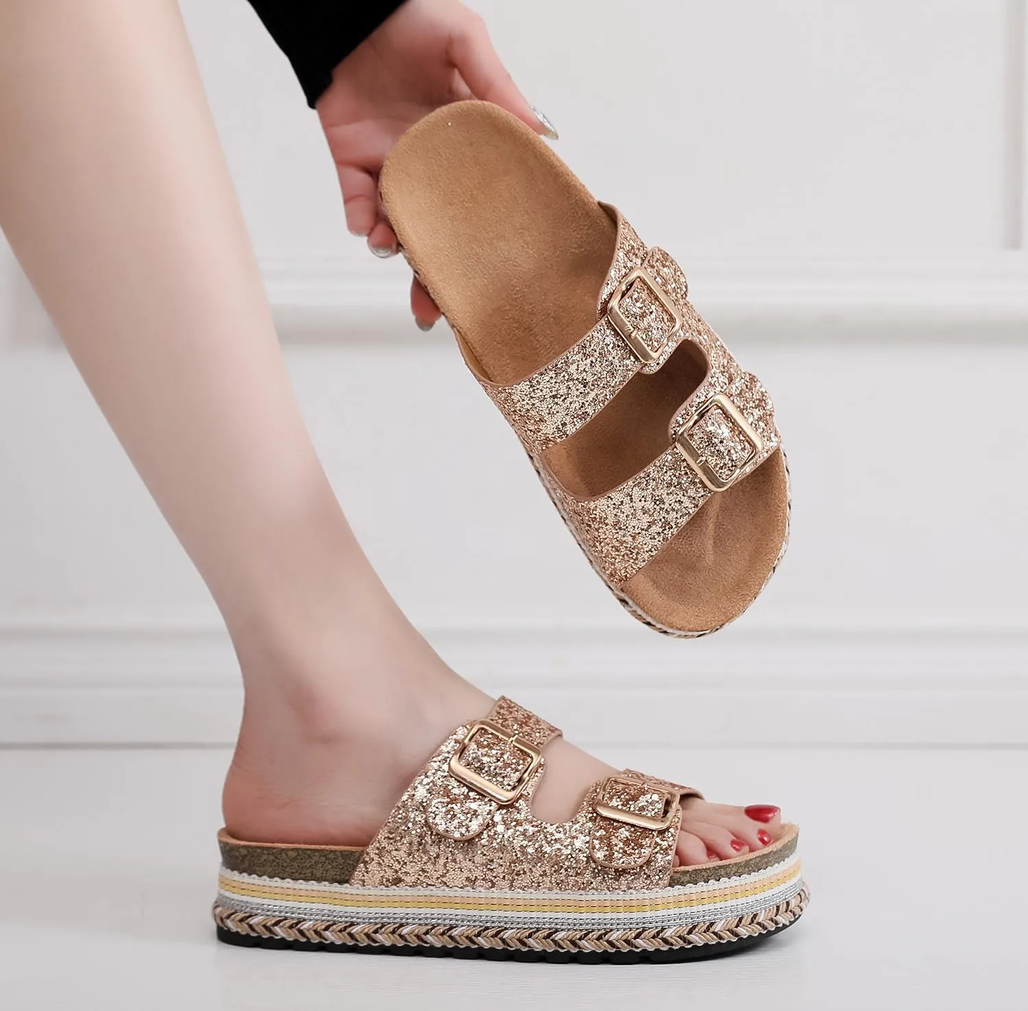 Womens Sandals Cork Footbed Slide Comfortable Summer Beach Shoes Platform Suede Leather with Arch Support Slippers Adjustable Buckle Rubber Sole