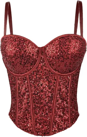 Women's Sequin Corset Crop Top See-Through Mesh Nightclub Rave Outfit Party Top Glitter Bra Plus Size
