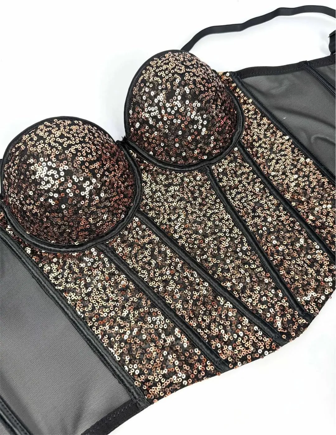 Women's Sequin Corset Crop Top See-Through Mesh Nightclub Rave Outfit Party Top Glitter Bra Plus Size