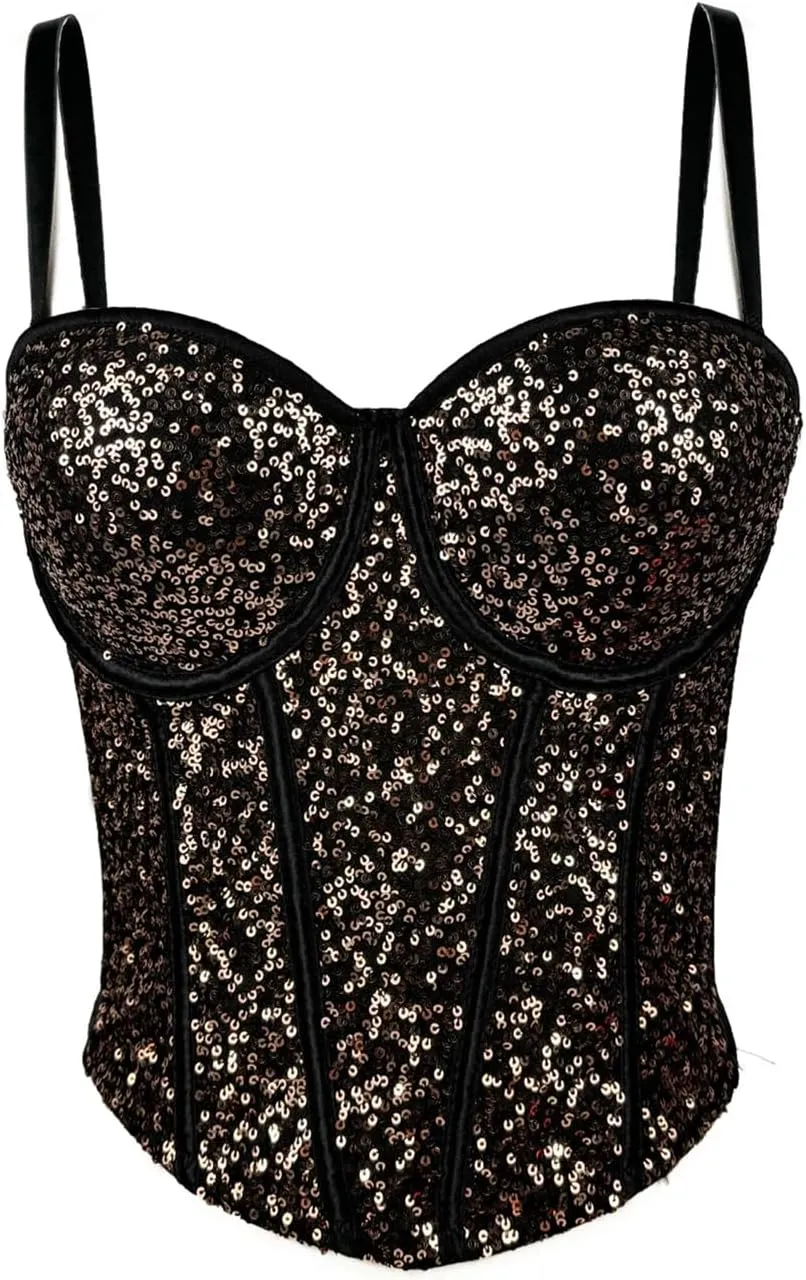 Women's Sequin Corset Crop Top See-Through Mesh Nightclub Rave Outfit Party Top Glitter Bra Plus Size