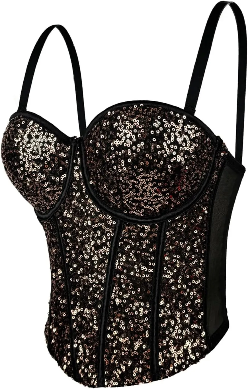 Women's Sequin Corset Crop Top See-Through Mesh Nightclub Rave Outfit Party Top Glitter Bra Plus Size