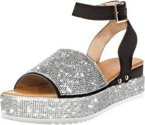 Womens Shiny Rhinestone Ankle Strap Platform Sandal Open Toe Crystal Espadrilles Shoes Summer Casual Dress Wedge Sandals Platform
