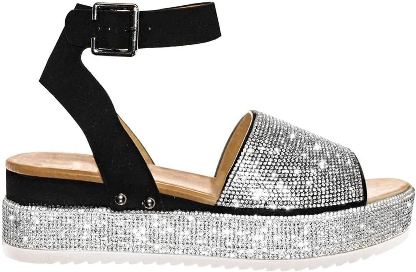 Womens Shiny Rhinestone Ankle Strap Platform Sandal Open Toe Crystal Espadrilles Shoes Summer Casual Dress Wedge Sandals Platform