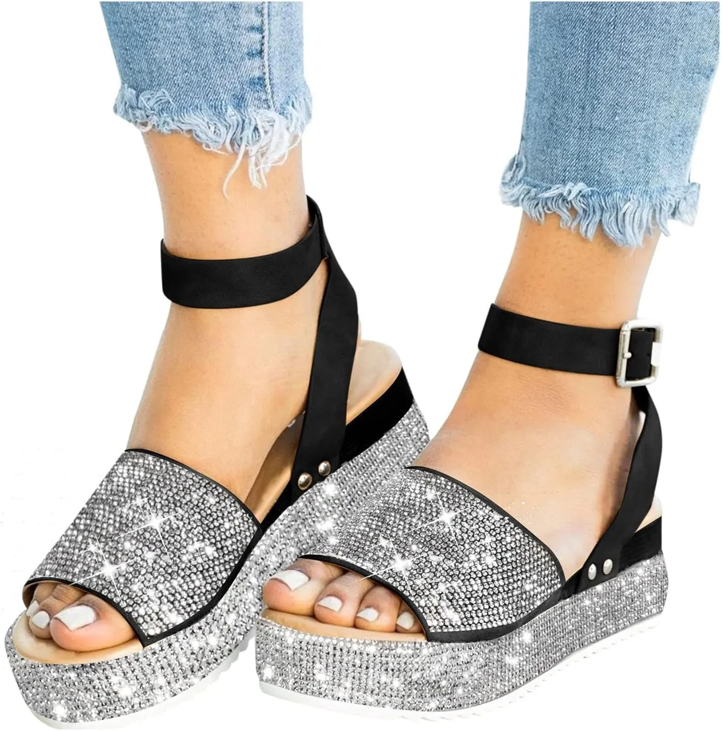 Womens Shiny Rhinestone Ankle Strap Platform Sandal Open Toe Crystal Espadrilles Shoes Summer Casual Dress Wedge Sandals Platform