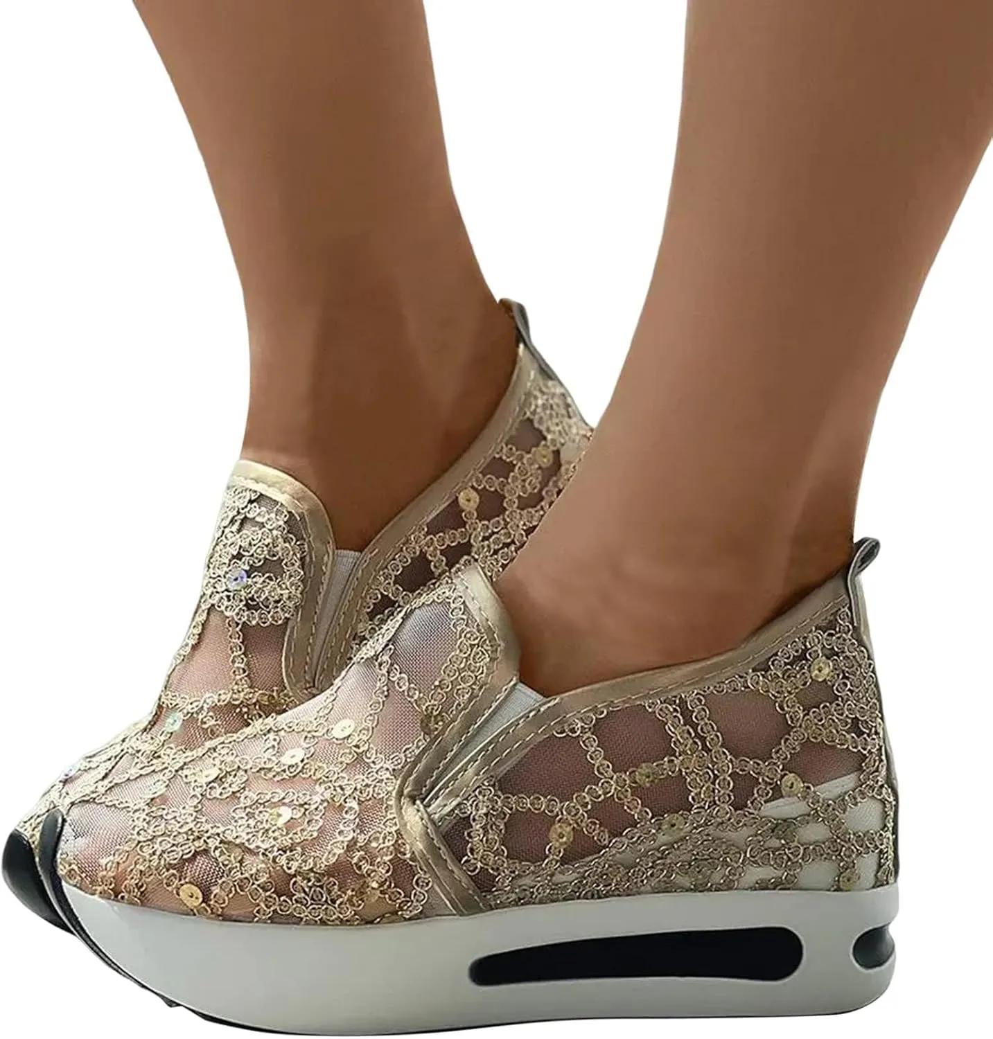 Womens Sneakers Floral Embroidery Breathable Sheer Mesh Low Top Gym Shoes Platform Wedge Shoe with Arch Support Slip On Loafers Walking Work Shoes Comfortable Casual Sneaker