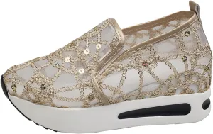 Womens Sneakers Floral Embroidery Breathable Sheer Mesh Low Top Gym Shoes Platform Wedge Shoe with Arch Support Slip On Loafers Walking Work Shoes Comfortable Casual Sneaker