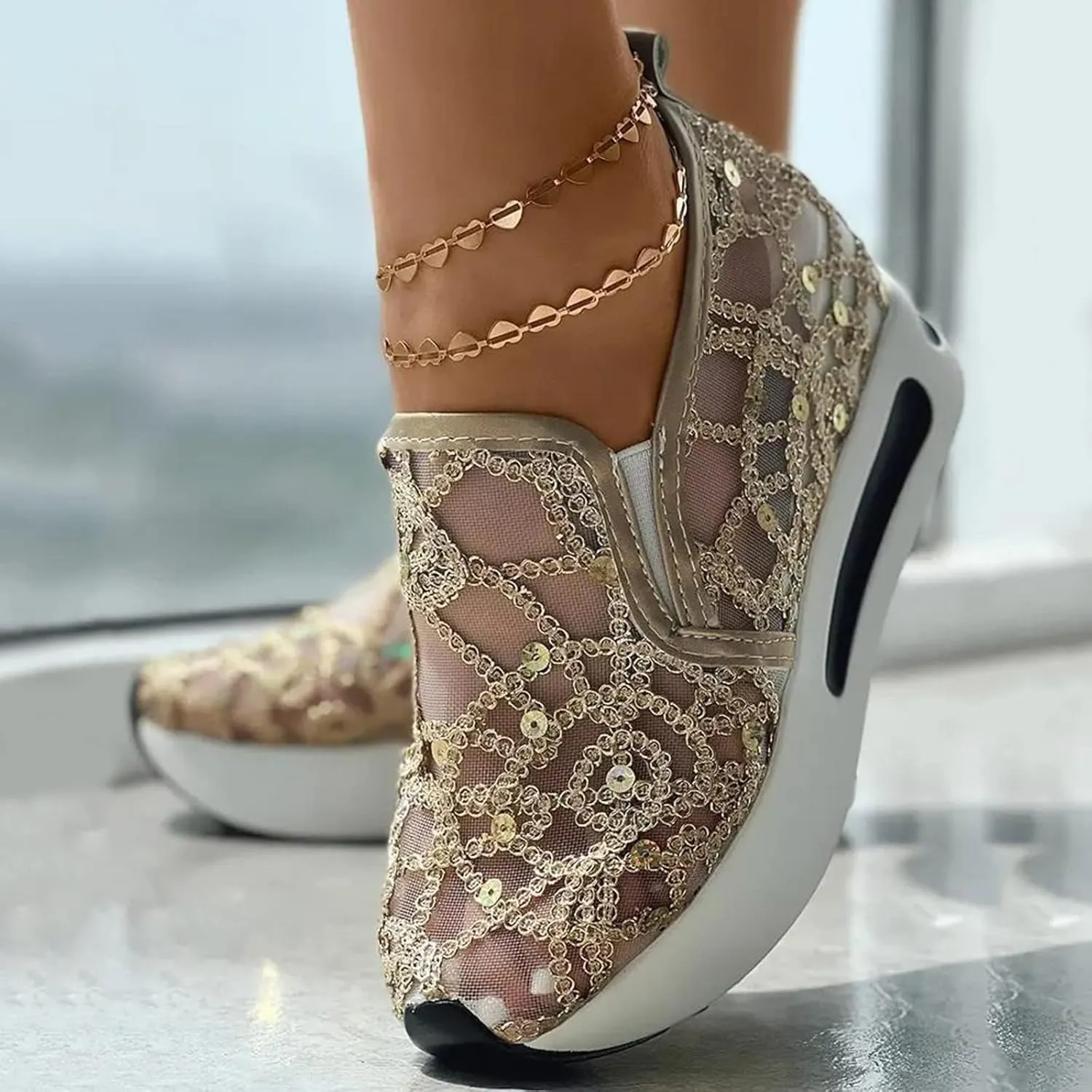 Womens Sneakers Floral Embroidery Breathable Sheer Mesh Low Top Gym Shoes Platform Wedge Shoe with Arch Support Slip On Loafers Walking Work Shoes Comfortable Casual Sneaker