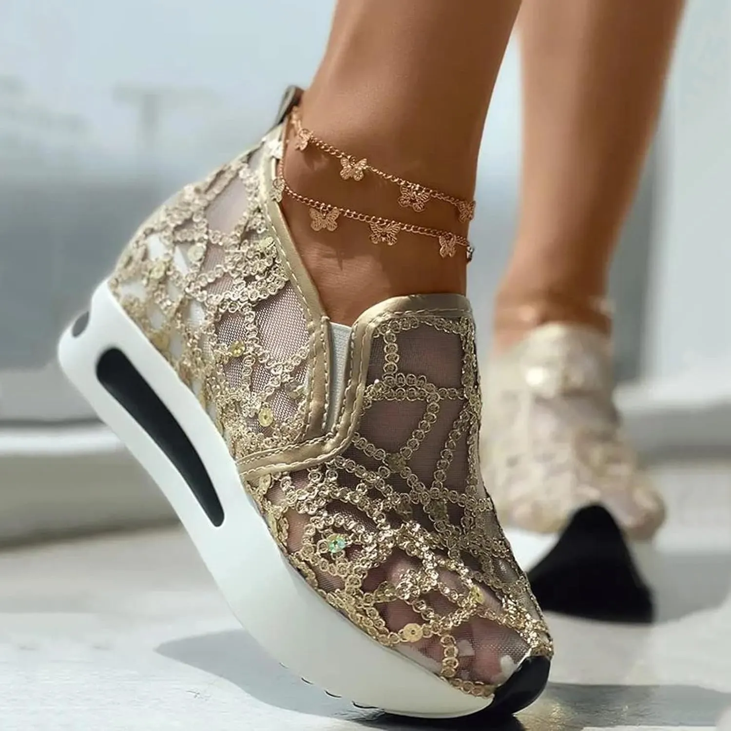 Womens Sneakers Floral Embroidery Breathable Sheer Mesh Low Top Gym Shoes Platform Wedge Shoe with Arch Support Slip On Loafers Walking Work Shoes Comfortable Casual Sneaker