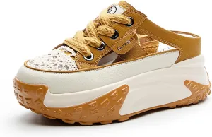 Women's Soft Leather Hollow Breathable Sports Sandals,Increase Height Platform Casual Mule Sandal,Summer Comfortable Pull-On Closed-Toe Garden Clogs Sandals