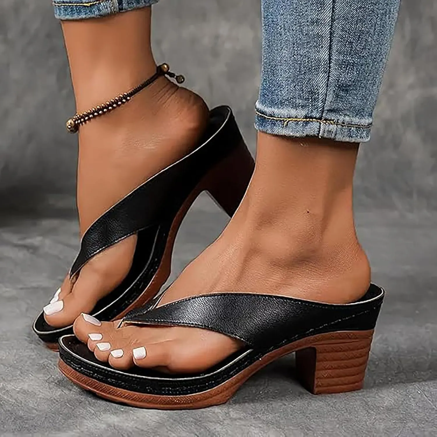 Women's Solid Color Summer Chunky Heel Sandals – Slip-On Open Toe Comfortable Wedge Heels for Women, Casual & Dressy Shoes for Long Walks
