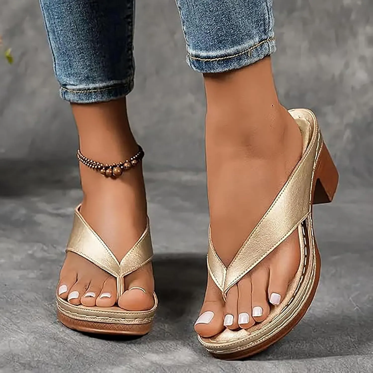Women's Solid Color Summer Chunky Heel Sandals – Slip-On Open Toe Comfortable Wedge Heels for Women, Casual & Dressy Shoes for Long Walks