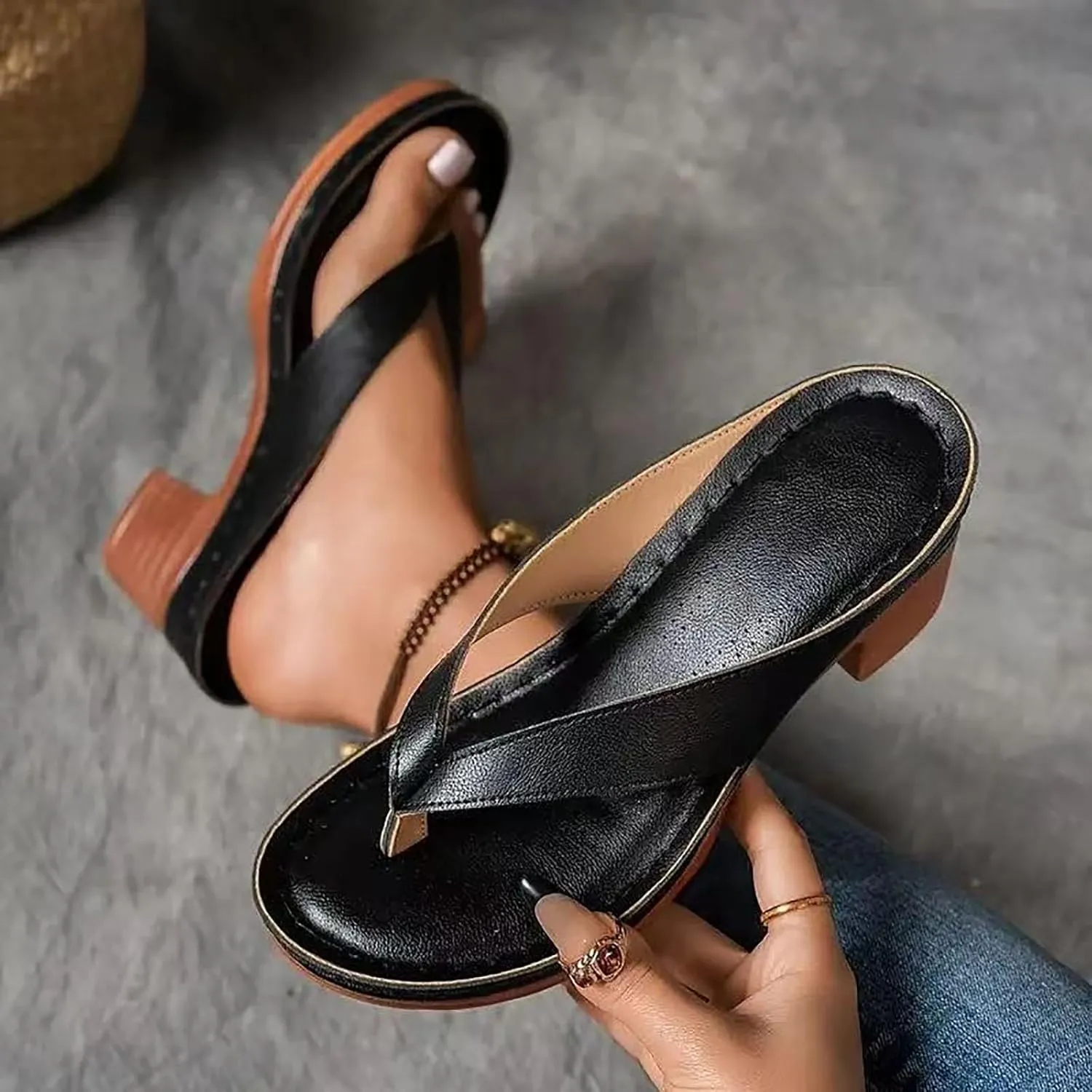 Women's Solid Color Summer Chunky Heel Sandals – Slip-On Open Toe Comfortable Wedge Heels for Women, Casual & Dressy Shoes for Long Walks