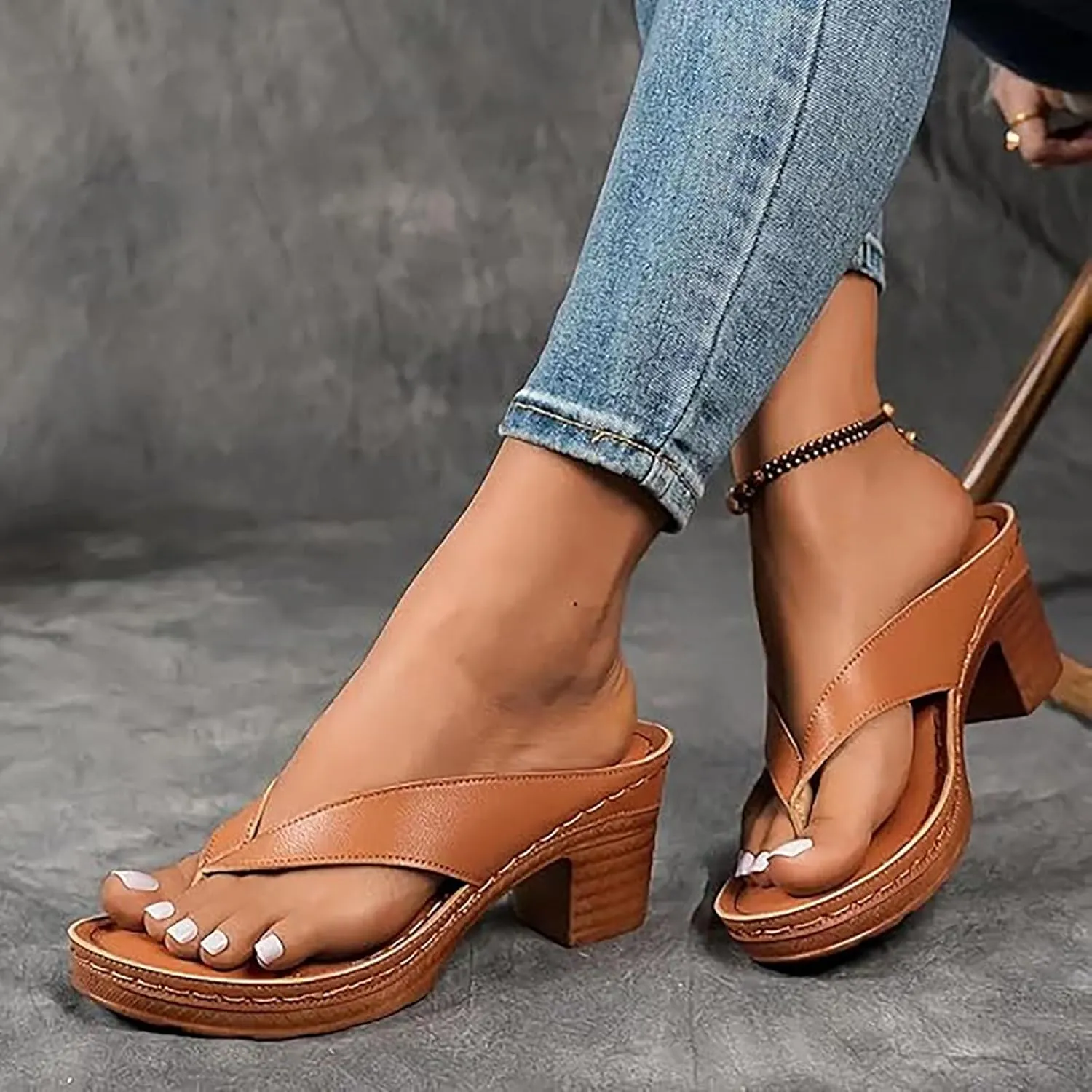 Women's Solid Color Summer Chunky Heel Sandals – Slip-On Open Toe Comfortable Wedge Heels for Women, Casual & Dressy Shoes for Long Walks