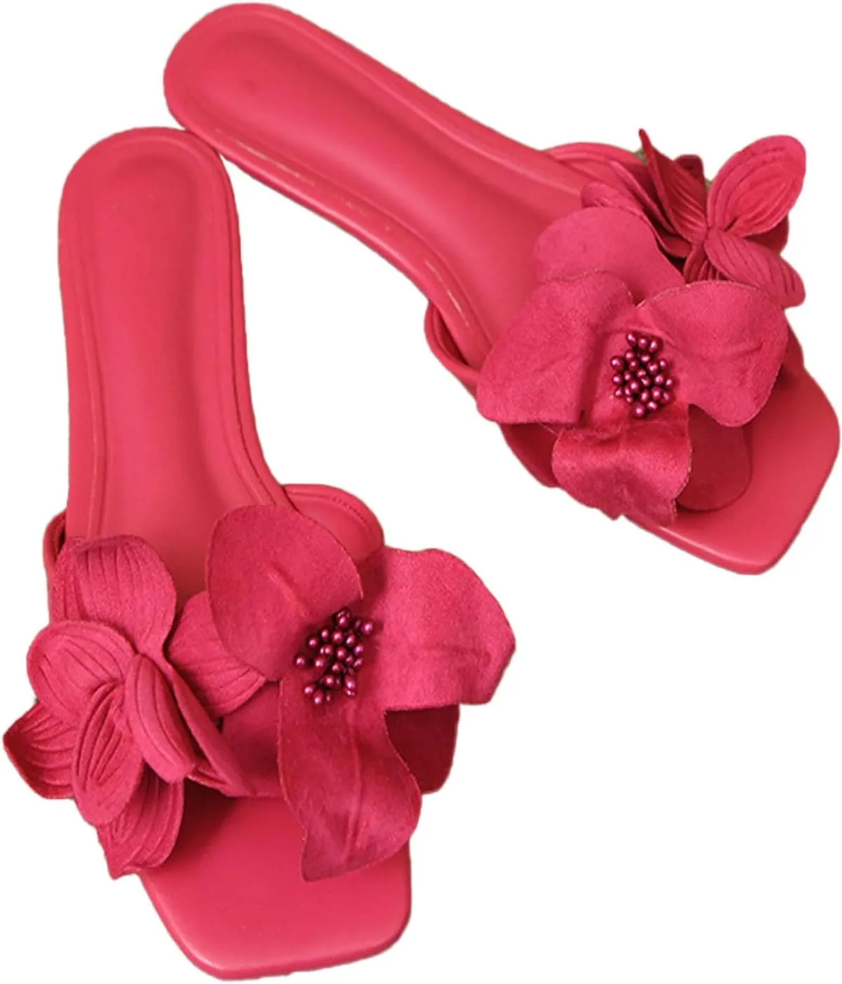 Women's Square Open Toe Flowers Pearl Flat Slide Sandal Summer Slip On Comfort Anti-Slip Boho Dressy Block Heel Slippers for Beach Sandals
