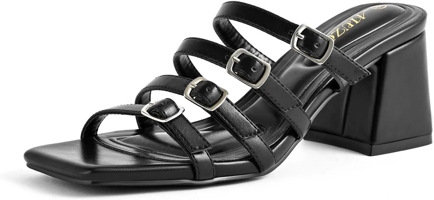 Women's Square Toe Sandals with Adjustable Multi-Strap - Slip On Mule Chunky Block Heel Summer Casual Footwear
