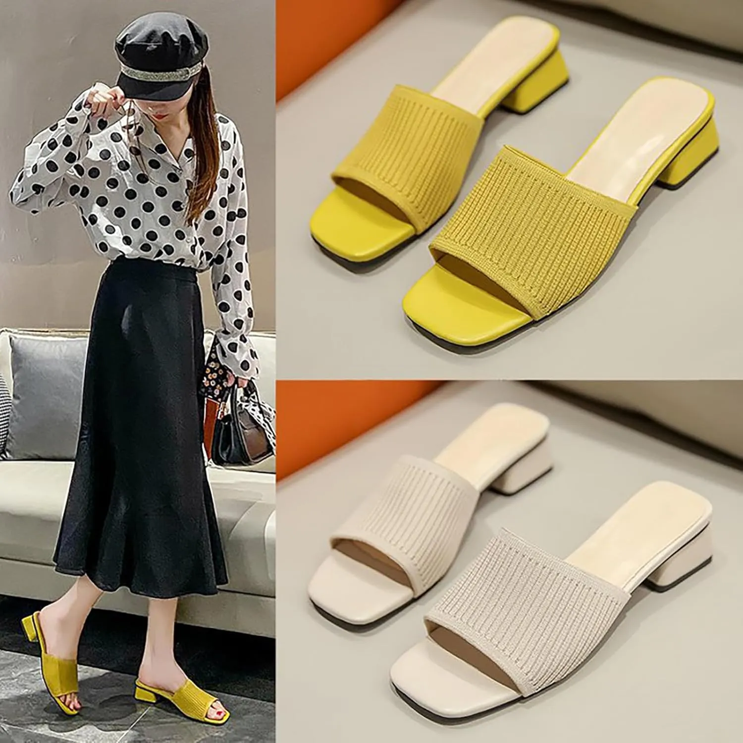 Women's Stretch Knitted Square Toe Chunky Low Heel Slides Sandals Fashion Outdoor Chunky Heel Open Toe Slip On Slippers Ladies Comfortable Casual Party Mule Dress Shoes