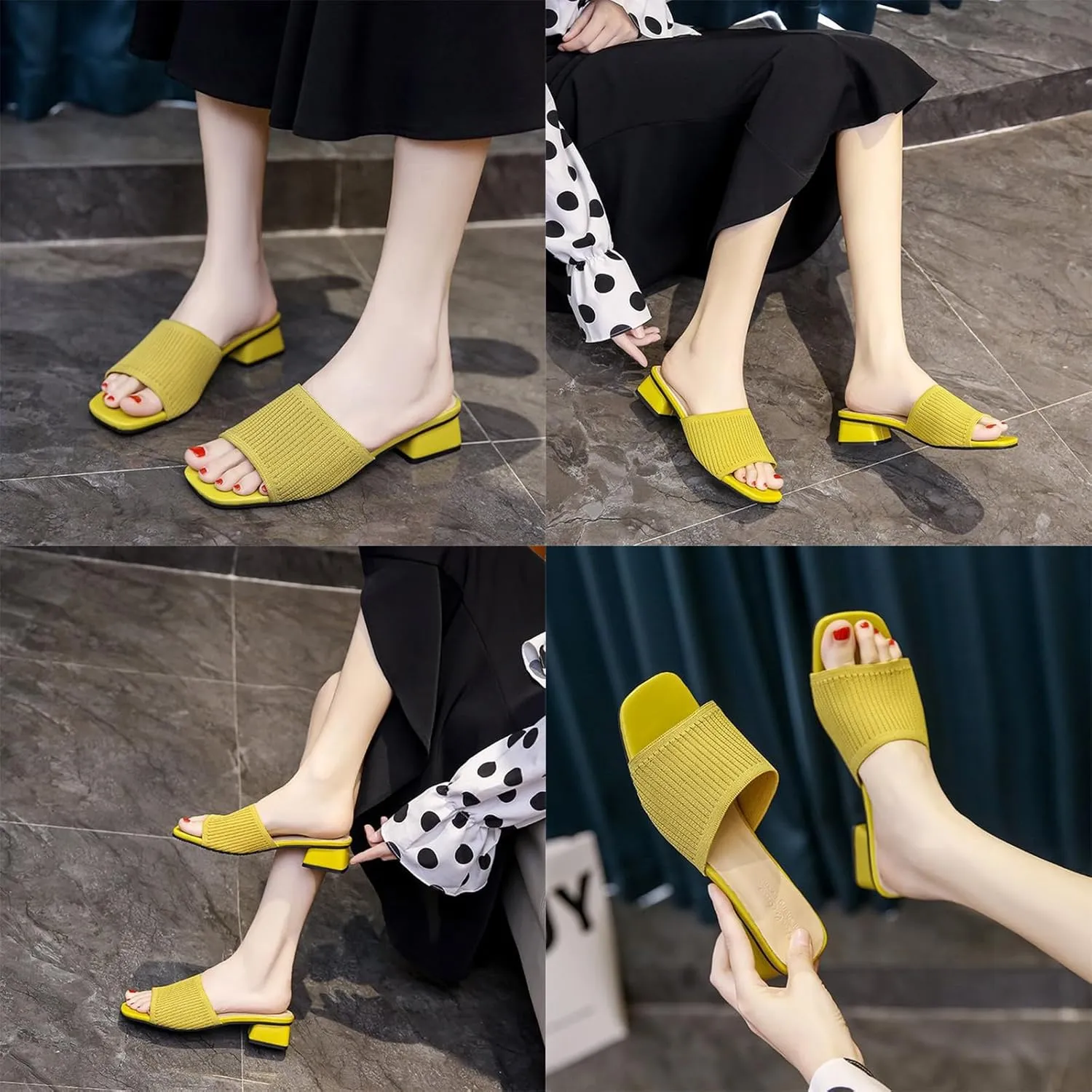 Women's Stretch Knitted Square Toe Chunky Low Heel Slides Sandals Fashion Outdoor Chunky Heel Open Toe Slip On Slippers Ladies Comfortable Casual Party Mule Dress Shoes