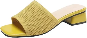 Women's Stretch Knitted Square Toe Chunky Low Heel Slides Sandals Fashion Outdoor Chunky Heel Open Toe Slip On Slippers Ladies Comfortable Casual Party Mule Dress Shoes