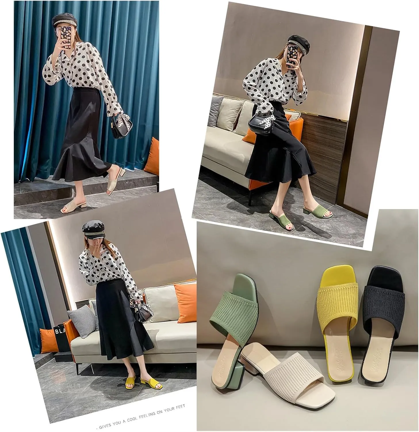 Women's Stretch Knitted Square Toe Chunky Low Heel Slides Sandals Fashion Outdoor Chunky Heel Open Toe Slip On Slippers Ladies Comfortable Casual Party Mule Dress Shoes