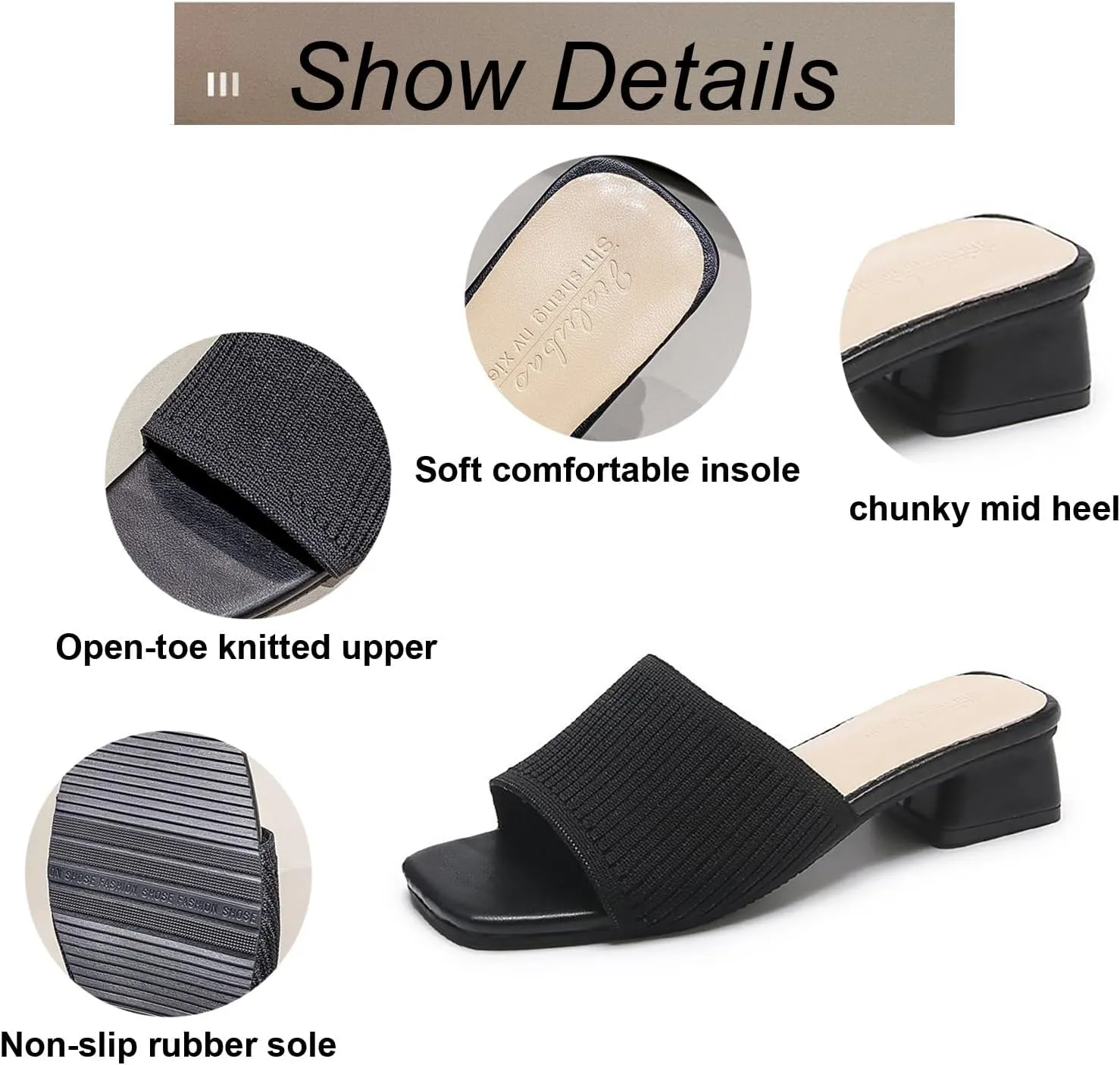 Women's Stretch Knitted Square Toe Chunky Low Heel Slides Sandals Fashion Outdoor Chunky Heel Open Toe Slip On Slippers Ladies Comfortable Casual Party Mule Dress Shoes