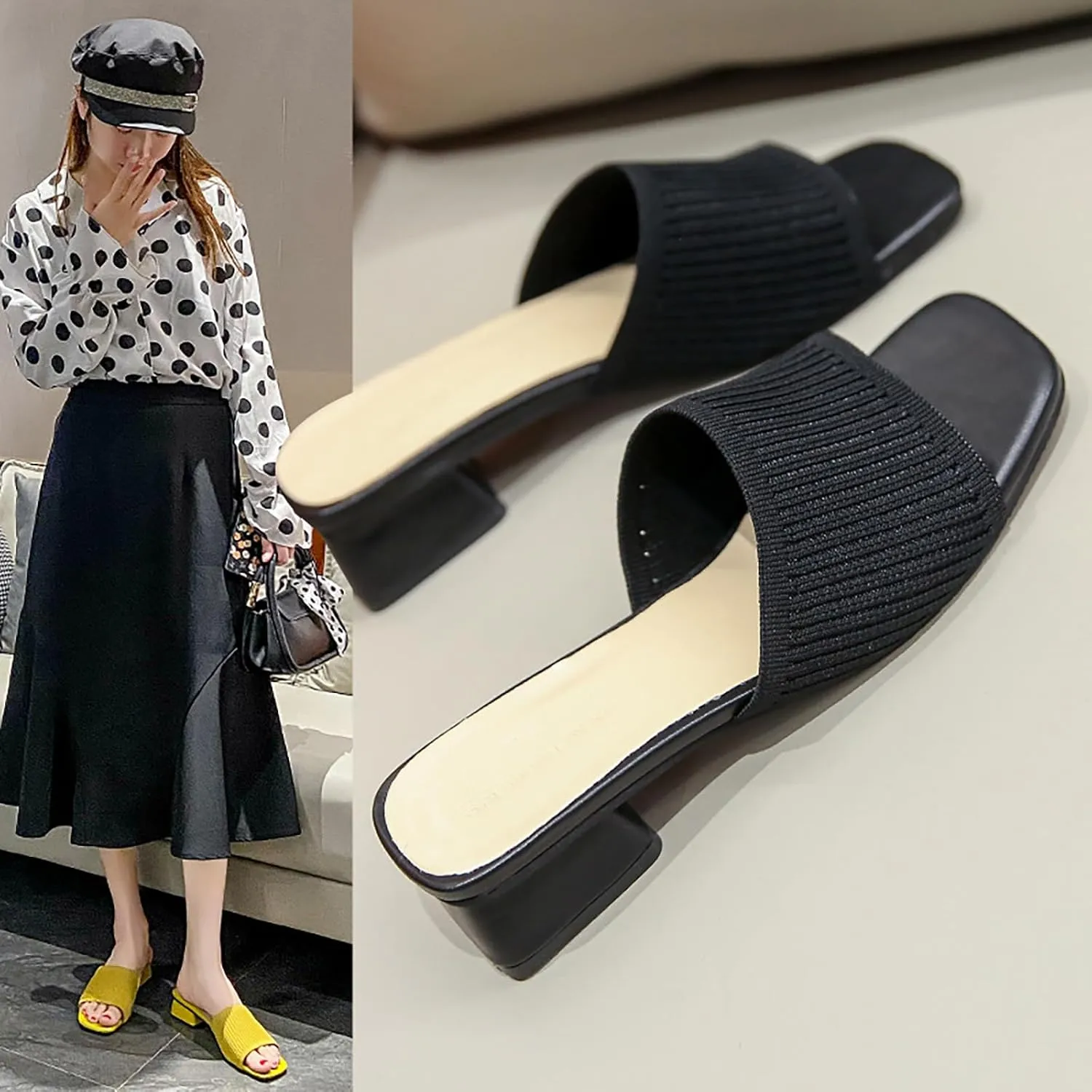 Women's Stretch Knitted Square Toe Chunky Low Heel Slides Sandals Fashion Outdoor Chunky Heel Open Toe Slip On Slippers Ladies Comfortable Casual Party Mule Dress Shoes