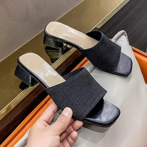 Women's Stretch Knitted Square Toe Chunky Low Heel Slides Sandals Fashion Outdoor Chunky Heel Open Toe Slip On Slippers Ladies Comfortable Casual Party Mule Dress Shoes