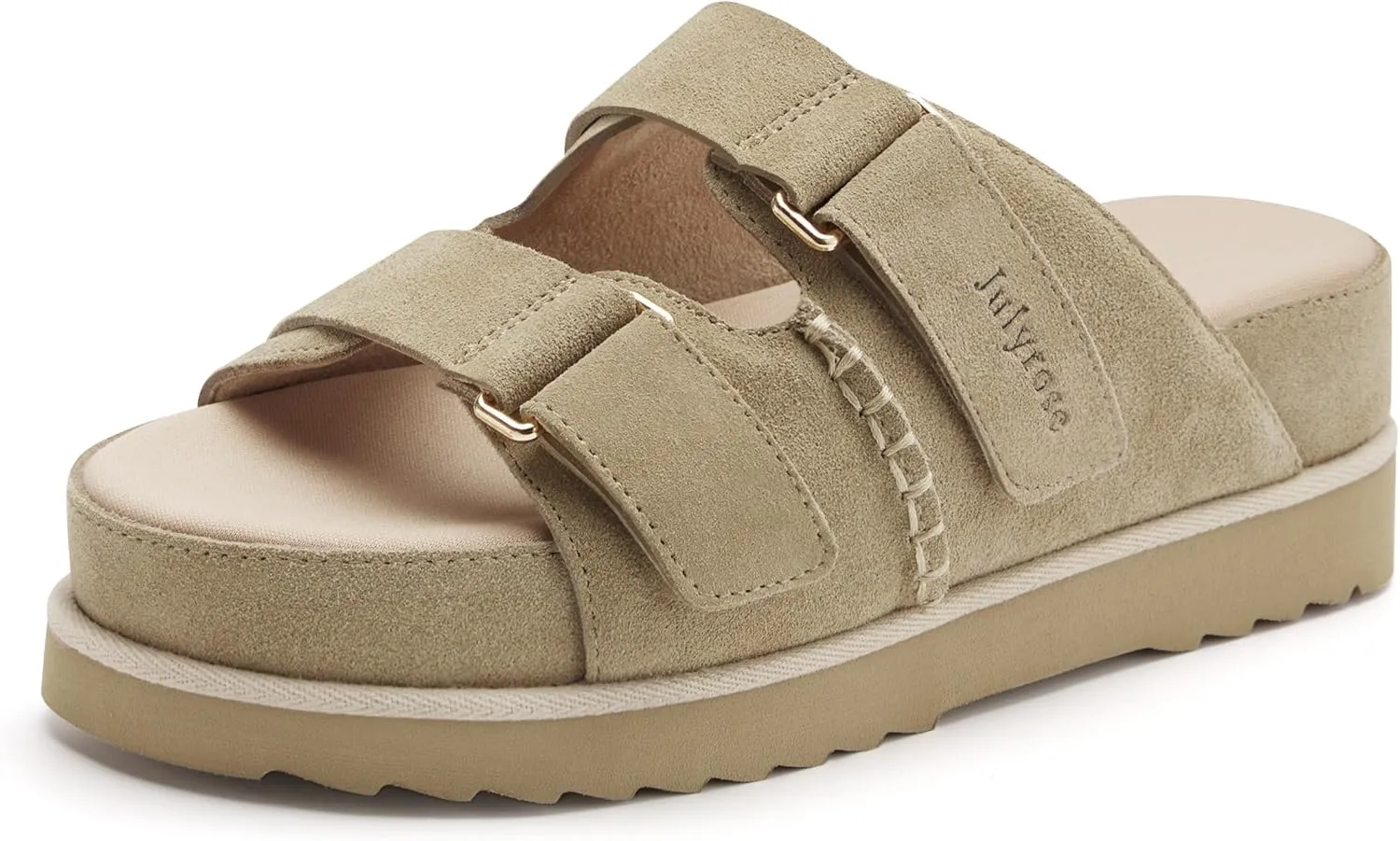Women's Suede Leather Platform Sandals Adjustable Double Straps EVA Outsole Slip on Slide Sandals Open Toe Softness Fashionable
