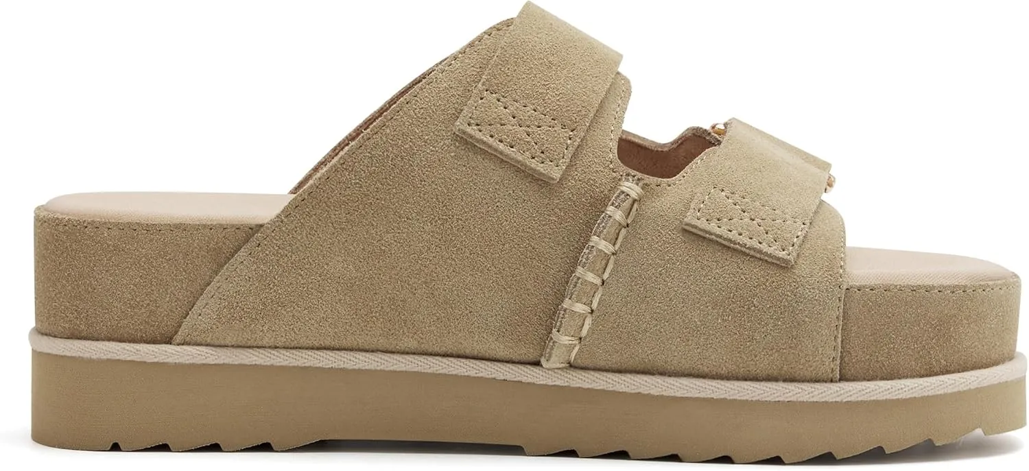Women's Suede Leather Platform Sandals Adjustable Double Straps EVA Outsole Slip on Slide Sandals Open Toe Softness Fashionable
