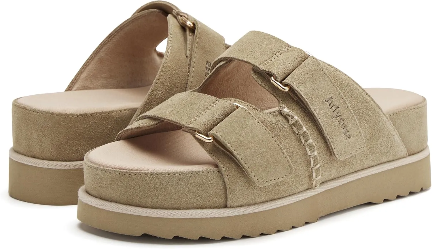Women's Suede Leather Platform Sandals Adjustable Double Straps EVA Outsole Slip on Slide Sandals Open Toe Softness Fashionable