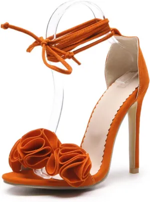 Women's Suede Open Peep Toe Stiletto High Heels Sandals Fashion Flower Lace Up Elegant Comfortable Wedding Party Prom Dressy Shoes