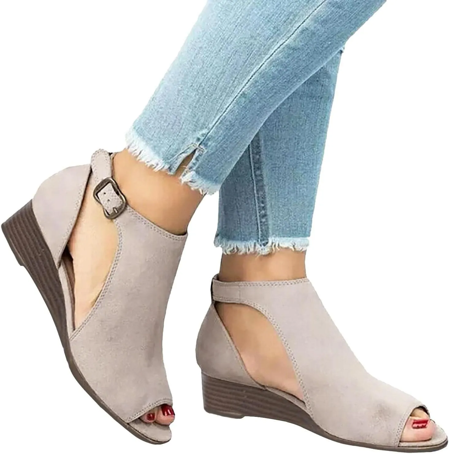 Womens Suede Peep Toe Chunky Heels Ankle Booties with Strap Cutout Wedge Back Zipper Sandals Dress Walking Boots Orthopedic Open Side Slides Breathable Hollow Mid Heel Shoes Platform Sandal