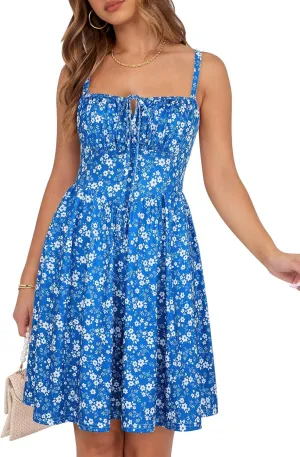 Womens Summer Mini Corset Casual Dresses Spaghetti Straps Lace Up Beach Vacation Sundress with Pockets