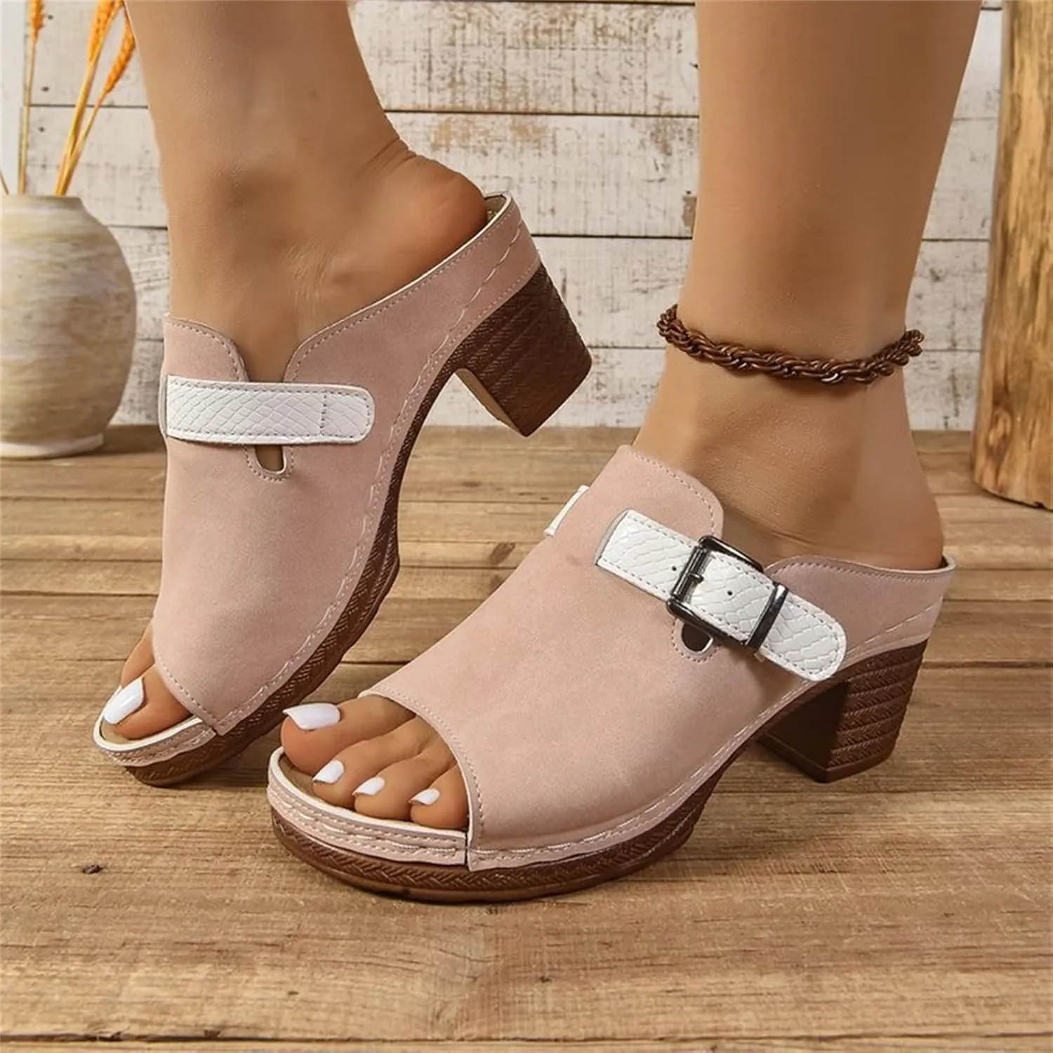 Women's Summer Sandals Comfortable Square Open Toe Heels Sandals Orthopedic Sandal with Arch Support Dressy Casual Mules Fashion Slip On Shoes Breathable Open Back Shoes