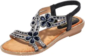 Women's T-Strap Beaded Flower Rhinestone Flat Sandals Dress Beach Shoes Elastic Ankle Strap Low Heel Slides