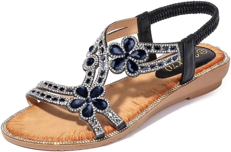 Women's T-Strap Beaded Flower Rhinestone Flat Sandals Dress Beach Shoes Elastic Ankle Strap Low Heel Slides