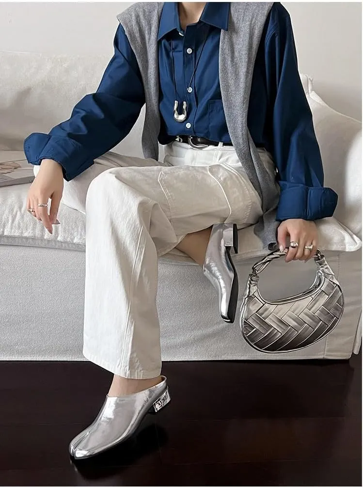 Women's Tabi Casual Leather Shoes Chunky Heel Split Toe Slippers Fashion Vintage Mule Shoes