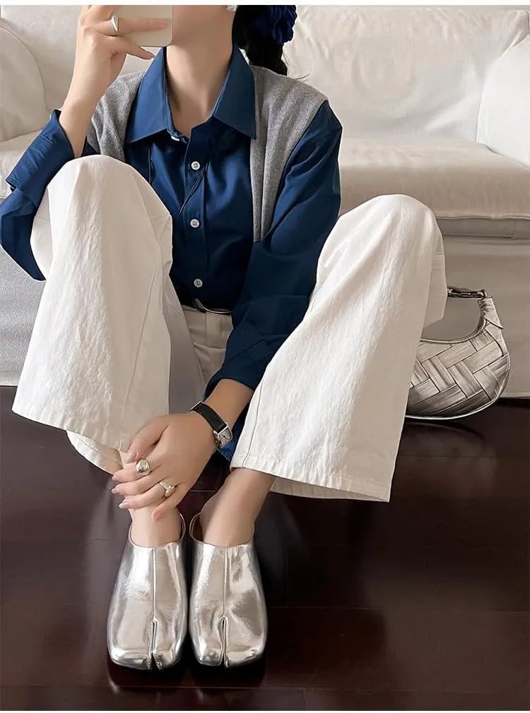 Women's Tabi Casual Leather Shoes Chunky Heel Split Toe Slippers Fashion Vintage Mule Shoes