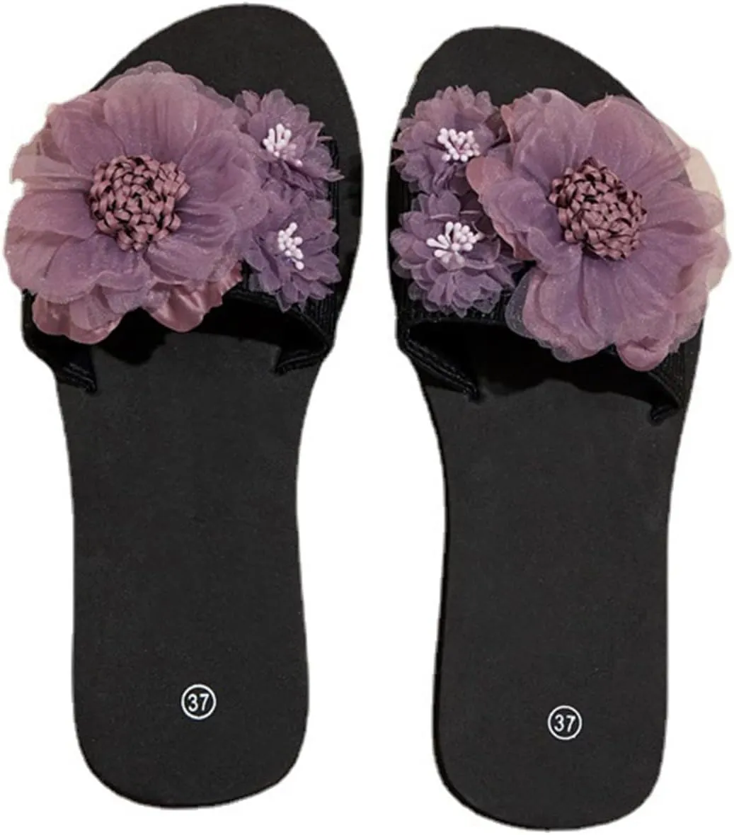Women's Tulle Floral Embellished Sandal Open Toe Trendy Elegant Slipper Slip on Chunky Slide Summer Spring Flats