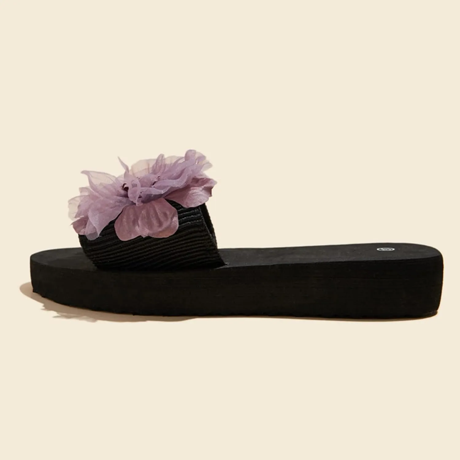 Women's Tulle Floral Embellished Sandal Open Toe Trendy Elegant Slipper Slip on Chunky Slide Summer Spring Flats
