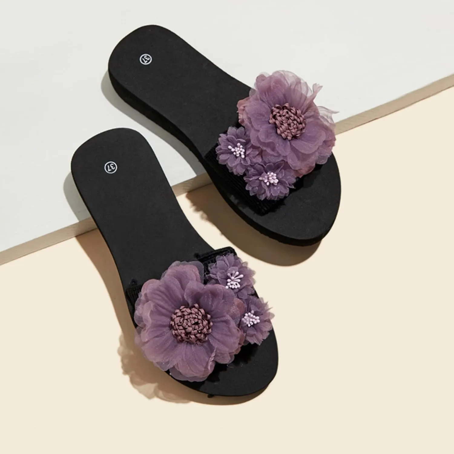 Women's Tulle Floral Embellished Sandal Open Toe Trendy Elegant Slipper Slip on Chunky Slide Summer Spring Flats