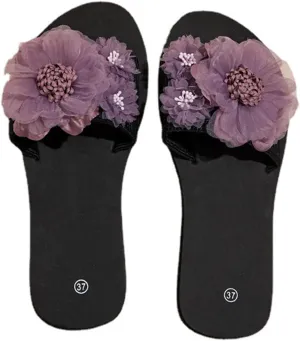 Women's Tulle Floral Embellished Sandal Open Toe Trendy Elegant Slipper Slip on Chunky Slide Summer Spring Flats