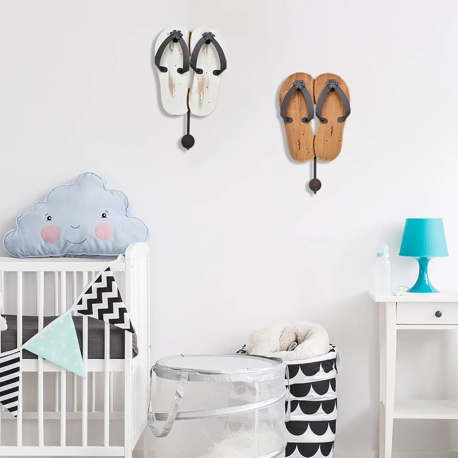 Wooden Key Holder Decorative Flip Flop Wall Hook for Towels Hats Coats- Wall Mounted Towel Hanger Nautical Decor Hanging Single Hook for Bathroom (White   Wood)
