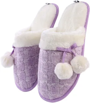 Woven Knit Slide Slippers for Women, Stylish Design with Cute Pom Poms, Plush Fleece Band & Interior, Anti Skid Rubber Sole