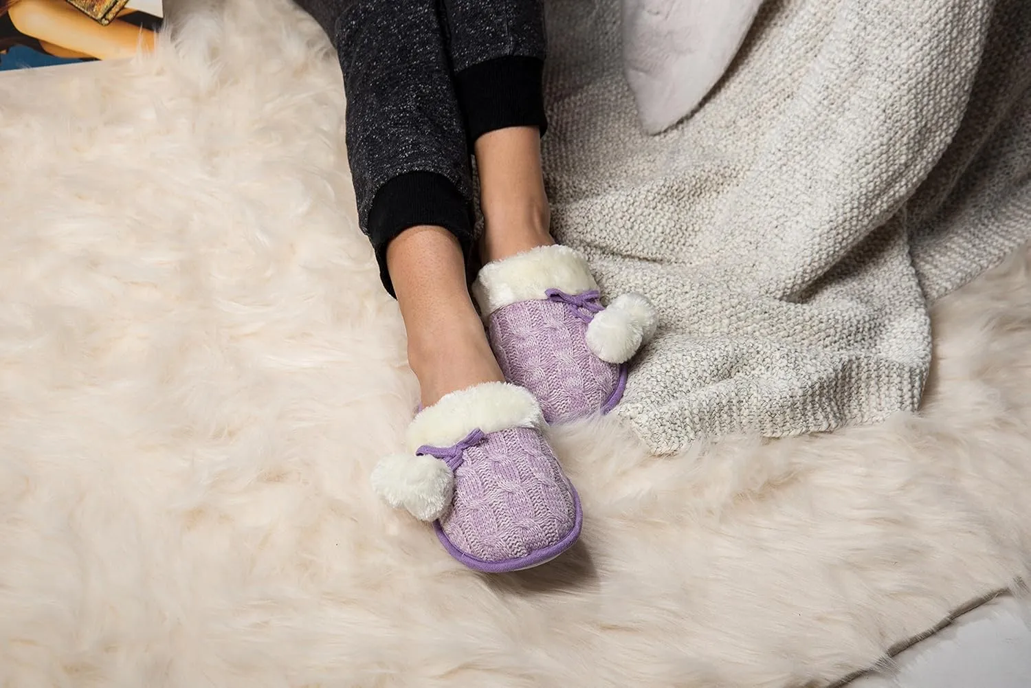 Woven Knit Slide Slippers for Women, Stylish Design with Cute Pom Poms, Plush Fleece Band & Interior, Anti Skid Rubber Sole