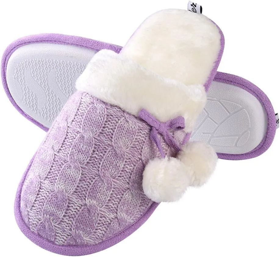 Woven Knit Slide Slippers for Women, Stylish Design with Cute Pom Poms, Plush Fleece Band & Interior, Anti Skid Rubber Sole